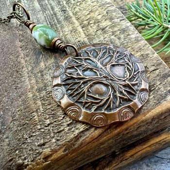 Celtic Tree of Life, Copper Pendant, Connemara Marble, Irish Celtic Jewelry, Crann Bethadh, 7th Wedding Anniversary, Hand Carved Art Jewelry