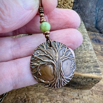 Celtic Tree of Life, Copper Pendant, Connemara Marble, Irish Celtic Spirals, Round Tree of Life, Crann Bethadh, Soul Harbor Jewelry, Artwork