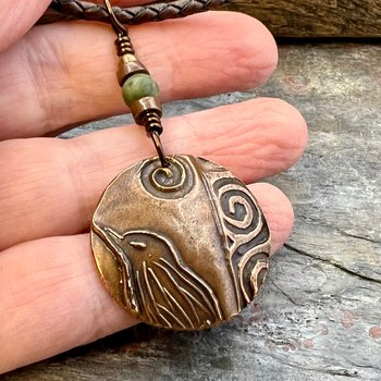 Copper Raven Pendant, Irish Celtic Jewelry, Connemara Marble, Pagan Wicca Necklace, Witch Necklace, Raven Moon, Anniversary Gifts, Spirals
