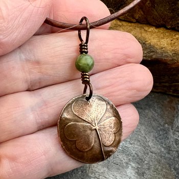 Shamrock Copper Pendant, Connemara Marble Necklace, Irish Celtic Spirals, Irish Clover, Leather Vegan Cords, Handmade in Door County WI