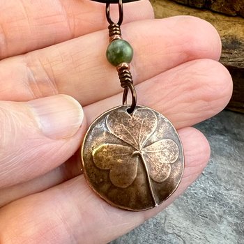 Shamrock Copper Pendant, Connemara Marble Necklace, Irish Celtic Spirals, Irish Clover, Leather Vegan Cords, Handmade in Door County WI