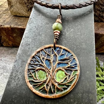 Celtic Tree of Life, Round Copper Pendant, Colorful Patina, Connemara Marble, Irish Celtic Spirals, Celtic Witch Goddess, Earthy Art Jewelry