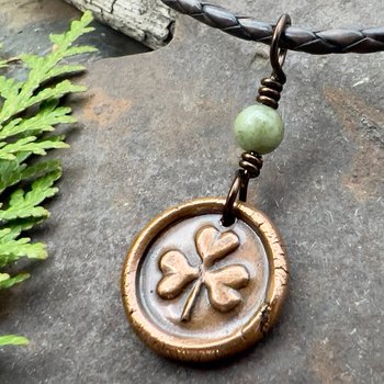 Shamrock Clover Charm, Copper Wax Seal Charm, Connemara Marble, Irish Celtic Jewelry, Leather & Vegan Cords, Handmade, Soul Harbor Jewelry