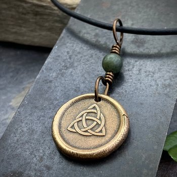 Bronze Trinity Knot, Triquetra, Wax Seal Charm, Connemara Marble, Irish Celtic Jewelry, Pagan, 8th Anniversary, Triple Goddess, Celtic Witch