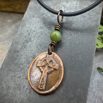 Copper Celtic Cross, Wax Seal Charm, Connemara Marble, Irish Celtic, Copper Cross Necklace, Leather & Vegan Cords, Handmade Art Jewelry