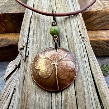 Shamrock Copper Pendant, Connemara Marble Necklace, Irish Celtic Spirals, Irish Clover, Leather Vegan Cords, Handmade in Door County WI