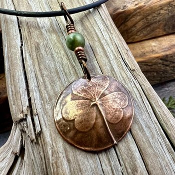 Shamrock Copper Pendant, Connemara Marble Necklace, Irish Celtic Spirals, Irish Clover, Leather Vegan Cords, Handmade in Door County WI