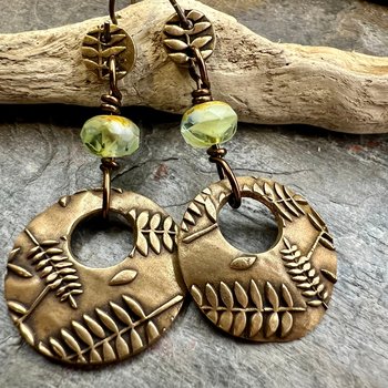 Bronze Hoops, Fern Earrings, Faceted Czech Glass, Hypoallergenic Ear Wires, Earthy Boho, Rustic Jewelry, Botanical, Two Sided Earrings