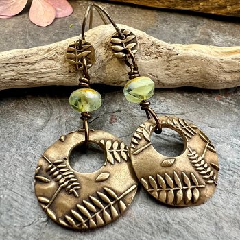 Bronze Hoops, Fern Earrings, Faceted Czech Glass, Hypoallergenic Ear Wires, Earthy Boho, Rustic Jewelry, Botanical, Two Sided Earrings