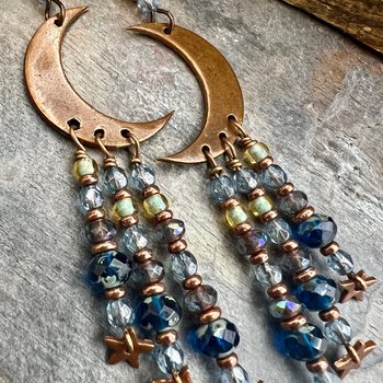 Crescent Moon & Stars, Copper Chandelier Earrings, Czech Glass Beads, Waxing Waning Moon, Moon Goddess, Pagan Wiccan, Celestial Jewelry