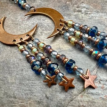 Crescent Moon & Stars, Copper Chandelier Earrings, Czech Glass Beads, Waxing Waning Moon, Moon Goddess, Pagan Wiccan, Celestial Jewelry