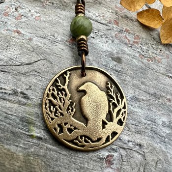 Raven Charm, Bronze Necklace, Tree Branch Bird, Connemara Marble, Irish Celtic Jewelry, Crow Blackbird, Disc Charm, Pagan Wicca Pendant