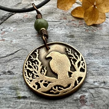 Raven Charm, Bronze Necklace, Tree Branch Bird, Connemara Marble, Irish Celtic Jewelry, Crow Blackbird, Disc Charm, Pagan Wicca Pendant