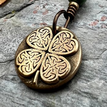 Four Leaf Clover, Bronze Necklace, Wax Seal Charm, Connemara Marble, Irish Celtic Jewelry, Lucky Charm, Celtic Witch, Irish Shamrock Luck