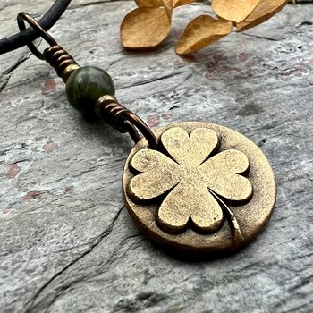 Four Leaf Clover, Bronze Necklace, Wax Seal Charm, Connemara Marble, Irish Celtic Jewelry, Lucky Charm, Celtic Witch, Irish Shamrock Luck