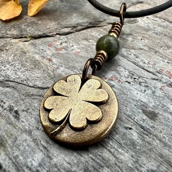 Four Leaf Clover, Bronze Necklace, Wax Seal Charm, Connemara Marble, Irish Celtic Jewelry, Lucky Charm, Celtic Witch, Irish Shamrock Luck