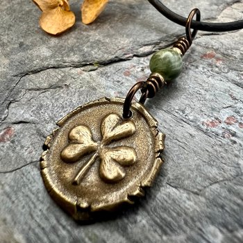 Shamrock Clover Charm, Bronze Wax Seal Charm, Connemara Marble, Irish Celtic Jewelry, Leather & Vegan Cords, Handmade, Soul Harbor Jewelry