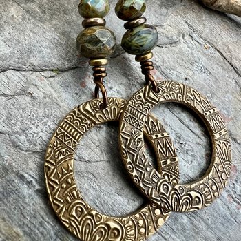 Bronze Hoop Earrings, Blue Green Czech Glass, Hypoallergenic Ear Wires, Earthy Boho Jewelry, Rustic, Tribal Textured, Dangle Drop Hoops