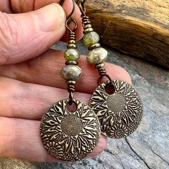 Sunflower Earrings, Bronze Discs, Czech Glass, Hypoallergenic Ear Wires, Boho Earthy, Rustic Organic Jewelry, Green Witch, Everyday Wear