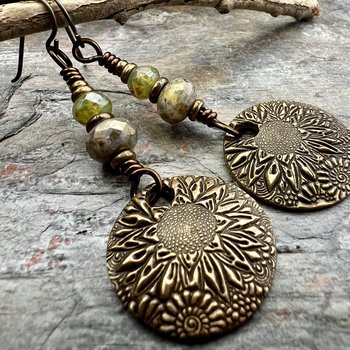 Sunflower Earrings, Bronze Discs, Czech Glass, Hypoallergenic Ear Wires, Boho Earthy, Rustic Organic Jewelry, Green Witch, Everyday Wear