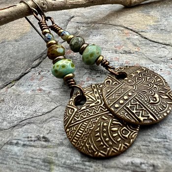 Bronze Disc Earrings, Faceted Czech Glass, Hypoallergenic, Niobium Ear Wires, Earthy Boho Jewelry, Rustic Tribal Textured, Domed Round
