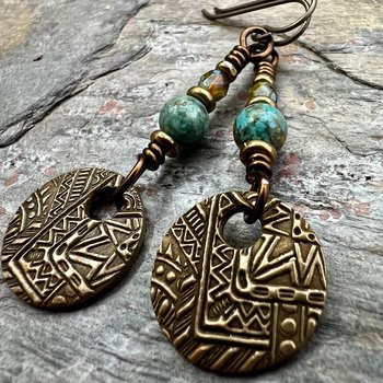 Bronze Disc Earrings, Faceted Czech Glass, Hypoallergenic, Niobium Ear Wires, Earthy Boho Jewelry, Rustic Tribal Textured, Domed Round