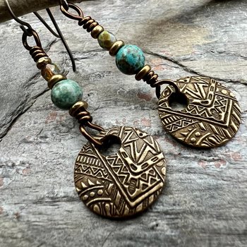 Bronze Disc Earrings, Faceted Czech Glass, Hypoallergenic, Niobium Ear Wires, Earthy Boho Jewelry, Rustic Tribal Textured, Domed Round