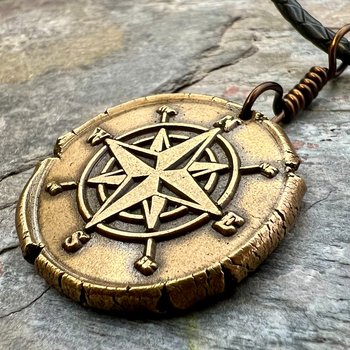 Compass Rose Charm, Bronze Compass Necklace, Nautical Sailing Sea, Protection Guidance Talisman, Men's Unisex Jewelry, Rustic Seaworn