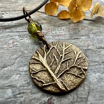 Tree of Life Charm, Bronze Necklace, Tree Branches, Czech Glass Bead, Disc Charm Pendant, Hand Carved, Celtic Witch, Pagan Druid, Earth Love