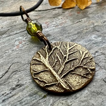 Tree of Life Charm, Bronze Necklace, Tree Branches, Czech Glass Bead, Disc Charm Pendant, Hand Carved, Celtic Witch, Pagan Druid, Earth Love