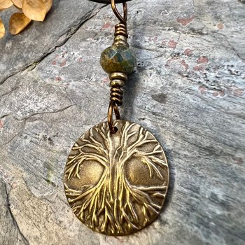 Tree of Life Charm, Bronze Necklace, Tree Branches, Czech Glass Bead, Disc Charm Pendant, Hand Carved, Celtic Witch, Pagan Druid, Earth Love