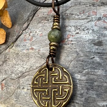 Celtic Knot Charm, Bronze Necklace, Wax Seal Charm, Connemara Marble, Irish Celtic Jewelry, Pagan, 8th Anniversary, Celtic Witch, Intertwine