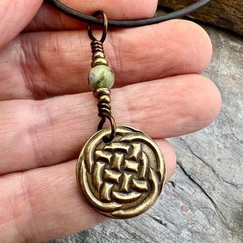 Celtic Knot Charm, Bronze Necklace, Wax Seal Charm, Connemara Marble, Irish Celtic Jewelry, Pagan, 8th Anniversary, Celtic Witch, Intertwine