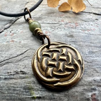 Celtic Knot Charm, Bronze Necklace, Wax Seal Charm, Connemara Marble, Irish Celtic Jewelry, Pagan, 8th Anniversary, Celtic Witch, Intertwine