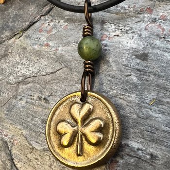 Shamrock Clover Charm, Bronze Wax Seal Charm, Connemara Marble, Irish Celtic Jewelry, Leather & Vegan Cords, Handmade, Soul Harbor Jewelry