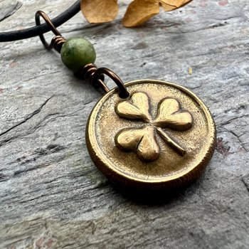 Shamrock Clover Charm, Bronze Wax Seal Charm, Connemara Marble, Irish Celtic Jewelry, Leather & Vegan Cords, Handmade, Soul Harbor Jewelry