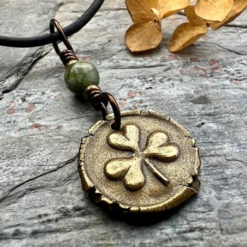 Shamrock Clover Charm, Bronze Wax Seal Charm, Connemara Marble, Irish Celtic Jewelry, Leather & Vegan Cords, Handmade, Soul Harbor Jewelry