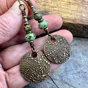 Bronze Disc Earrings, Faceted Czech Glass, Hypoallergenic, Niobium Ear Wires, Earthy Boho Jewelry, Rustic Tribal Textured, Domed Round