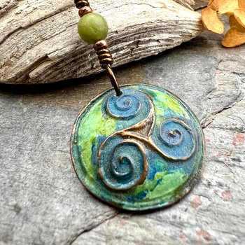 Triskele Pendant, Triskelion, Triple Spiral, Copper Patina, Irish Celtic Jewelry, Connemara Marble, Pagan Wicca, Triple Goddess Charm