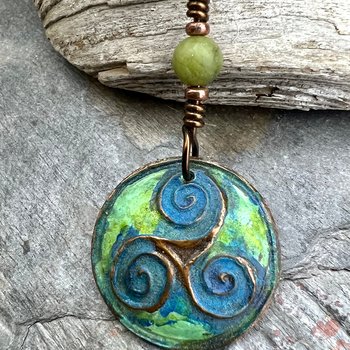 Triskele Pendant, Triskelion, Triple Spiral, Copper Patina, Irish Celtic Jewelry, Connemara Marble, Pagan Wicca, Triple Goddess Charm