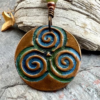 Triskele Copper Pendant, Verdigris Patina, Connemara Marble, Triskelion Triple Spiral, Irish Celtic Pagan, Newgrange Ireland, Celtic Witch