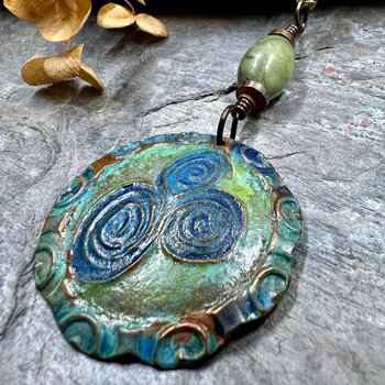 Newgrange Spirals, Copper Pendant, Connemara Marble, Triple Spiral, Irish Celtic Jewelry, Verdigris Patina, Blue Green Copper, Pagan Witch