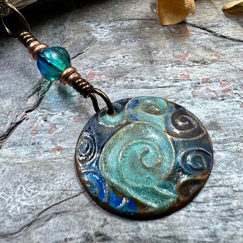 Celtic Spirals Pendant, Copper Patina, Irish Celtic, Pagan Wicca, Czech Glass, Witchy Earthy, Hand Carved, One of a Kind Art Jewelry
