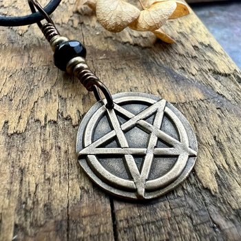 Pentagram Bronze Charm, Pentacle Pendant, Black Crystal Bead, Leather & Vegan Cords, Pagan Wicca, 5 Elements Star, Handmade, Witchy Things