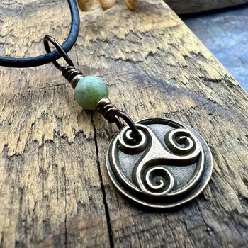 Triskele Charm, Bronze Necklace, Wax Seal Charm, Connemara Marble, Irish Celtic Pagan, 8 Anniversary, Celtic Witch, Triskelion Triple Spiral