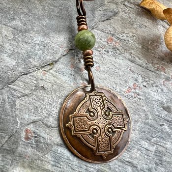 Copper Celtic Cross, Wax Seal Charm, Connemara Marble, Irish Celtic, Copper Cross Necklace, Leather & Vegan Cords, Handmade Art Jewelry