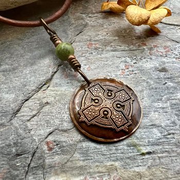 Copper Celtic Cross, Wax Seal Charm, Connemara Marble, Irish Celtic, Copper Cross Necklace, Leather & Vegan Cords, Handmade Art Jewelry