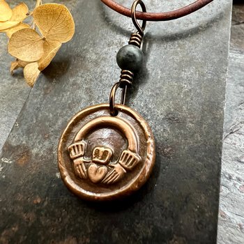Copper Claddagh Charm, Wax Seal Charm, Kilkenny Marble, Irish Celtic Jewelry, Pagan, 7th Anniversary, Love, Friendship, Loyalty, Handmade