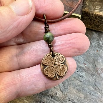 Four Leaf Heart Clover, Copper Wax Seal Charm, Connemara Marble, Irish Celtic Jewelry, 4 Leaf Clover, Lucky Charm, Leather & Vegan Cords