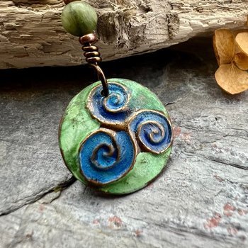 Triskele Pendant, Triskelion, Triple Spiral, Copper Patina, Irish Celtic Jewelry, Czech Glass Bead, Pagan Wicca, Triple Goddess Charm